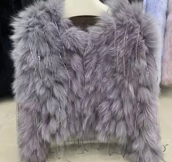 Women Fashion Faux Fur Bling Tassel Jacket