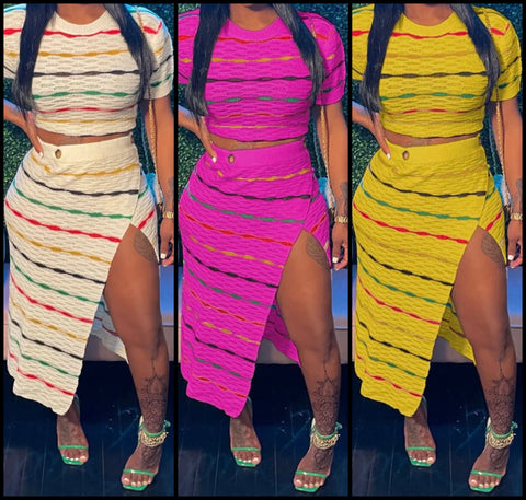 Women Colorful Striped Sexy Two Piece Maxi Skirt Set