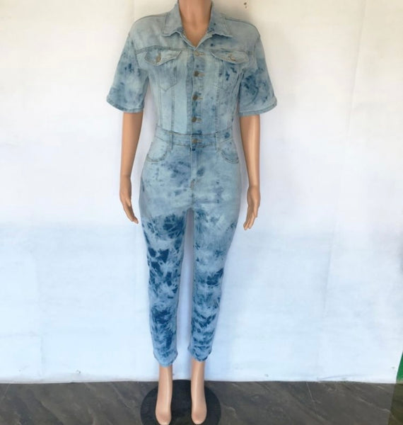 Women Short Sleeve Button Up Fashion Denim Jumpsuit