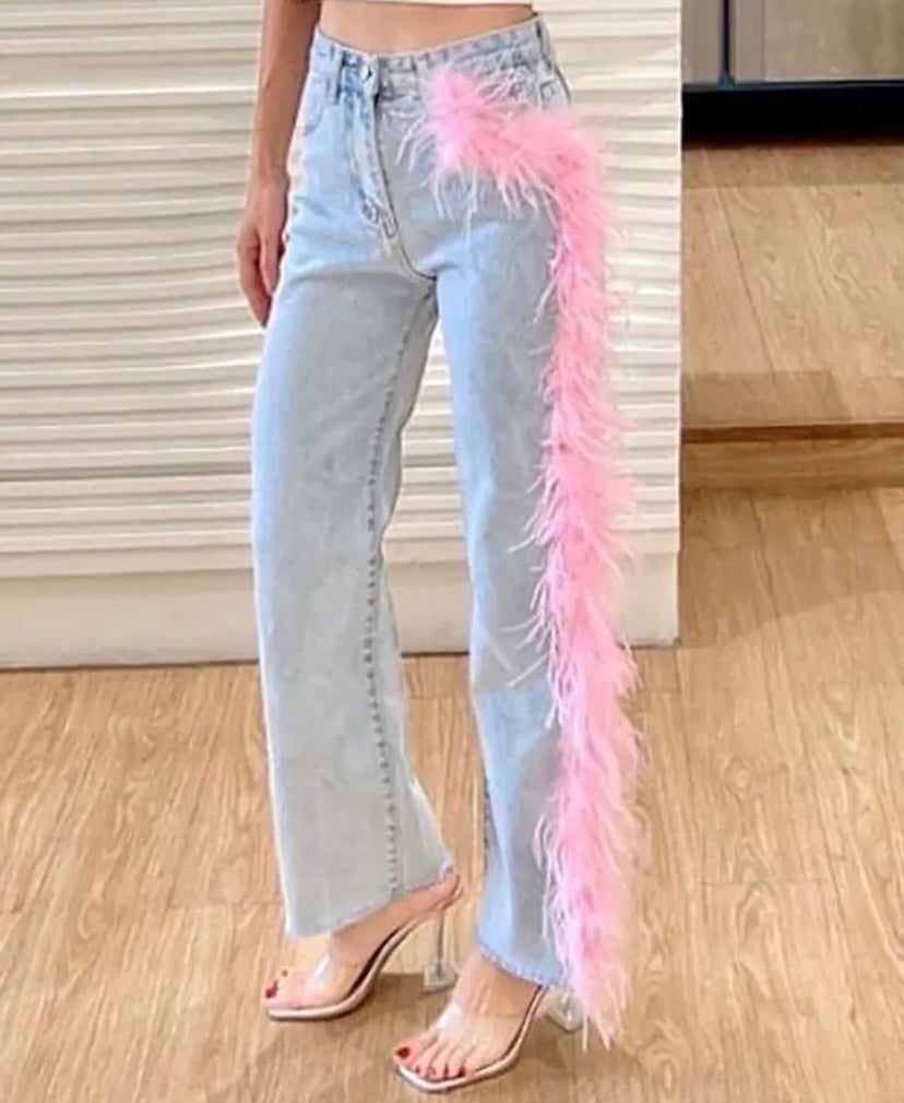 Women Fashion Faux Fur Patchwork Denim Pants