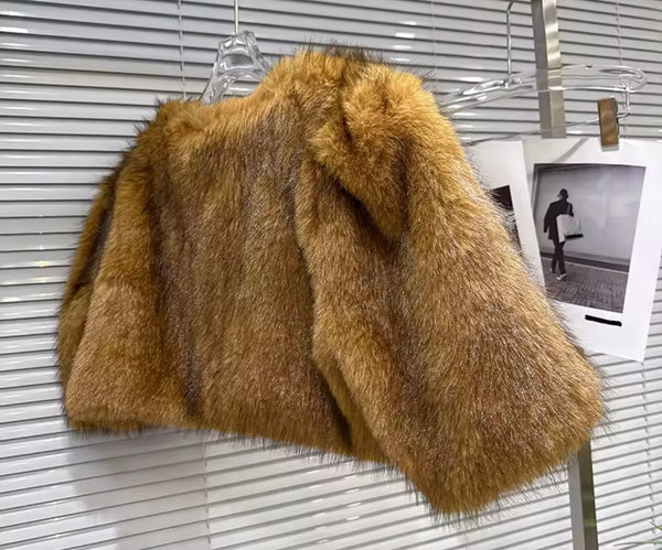 Women Color Fashion Faux Fur Crop Jacket