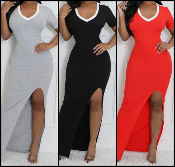 Women Sexy Striped Short Sleeve Side Split Maxi Dress