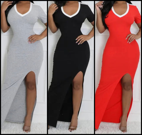 Women Sexy Striped Short Sleeve Side Split Maxi Dress