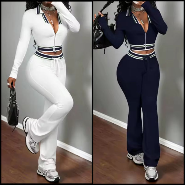 Women Fashion Striped Zip Up Tracksuit Two Piece Pant Set