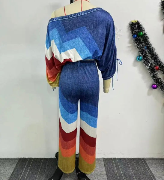 Women Fashion Denim Color Striped Two Piece Pant Set