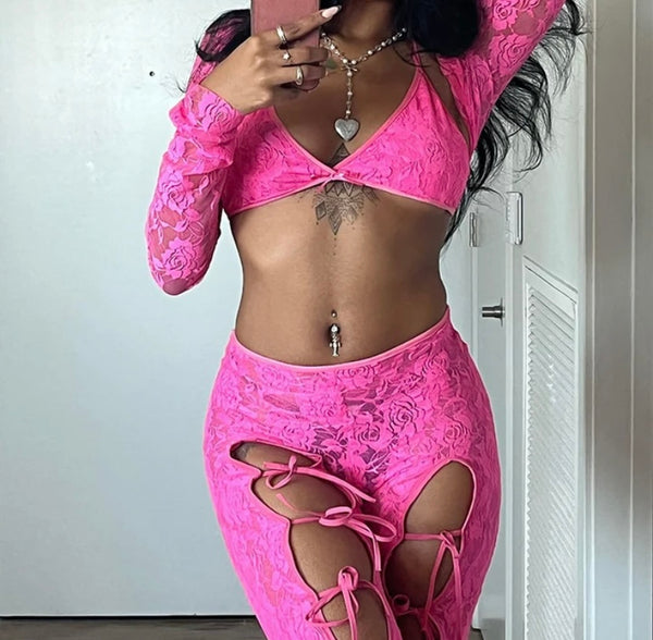 Women Sexy Cut Out Tie Up Three Piece Lace Pant Set