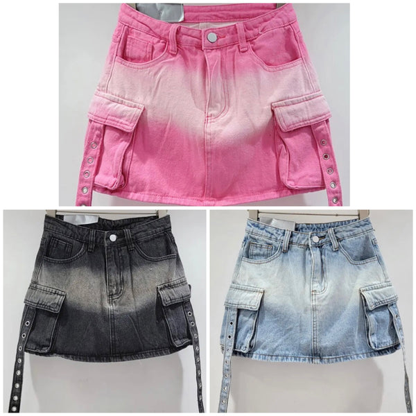 Women Fashion Pocket Gradient Denim Skirt