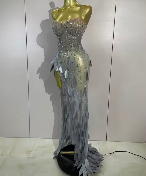 Women Silver Strapless Sequins Rhinestone Side Split Maxi Dress