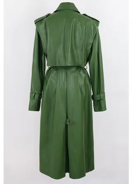 Women Green Faux Leather Fashion Long Trench Jacket