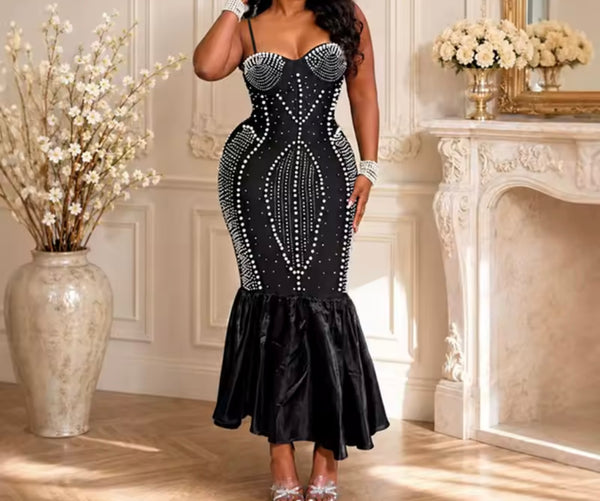 Women Sexy Sleeveless Pearl Rhinestone Mermaid Maxi Dress
