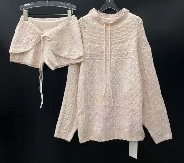 Women Fashion Knitted Sweater Two Piece Short Set