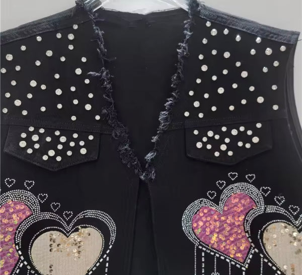 Women Sleeveless Rhinestone Sequins Heart Denim Two Piece Pant Set