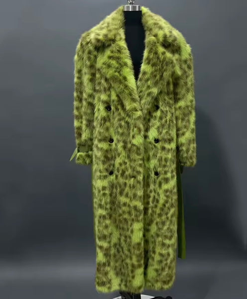 Women Fashion Green Leopard Print Faux Fur Long Jacket