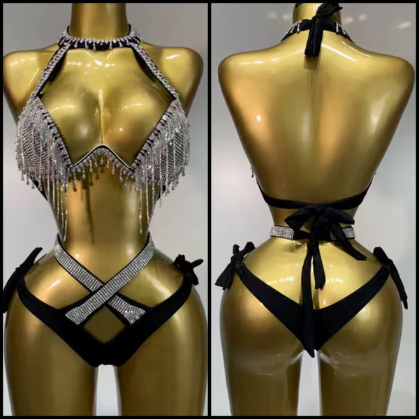 Women Sexy Rhinestone Black Halter Bikini Swimsuit