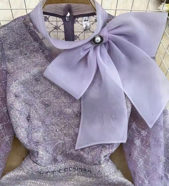 Women Beaded Lace Patchwork Bow Full Sleeve Dress