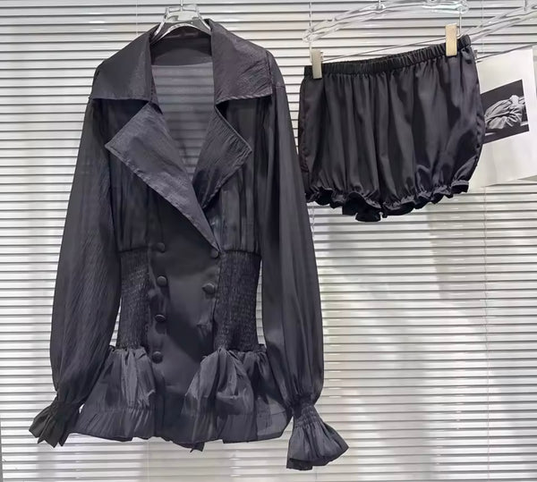 Women Collar Button Ruffle Full Sleeve Mesh Dress