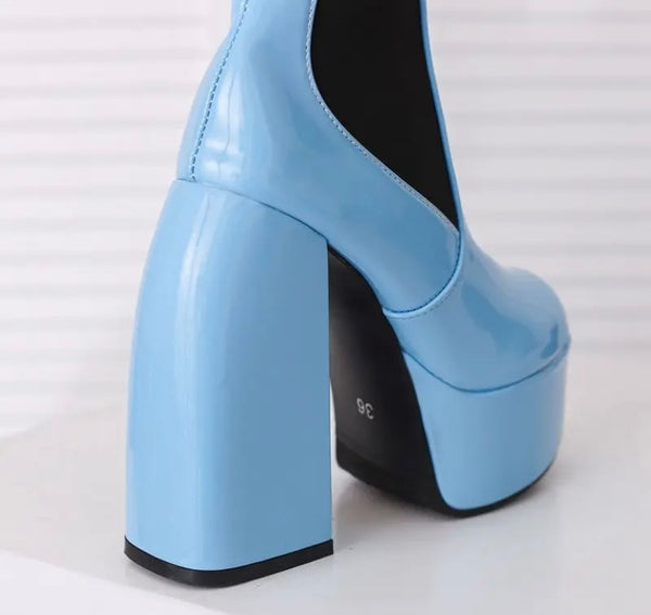 Women Fashion Round Toe Platform Patent Leather Ankle Boots