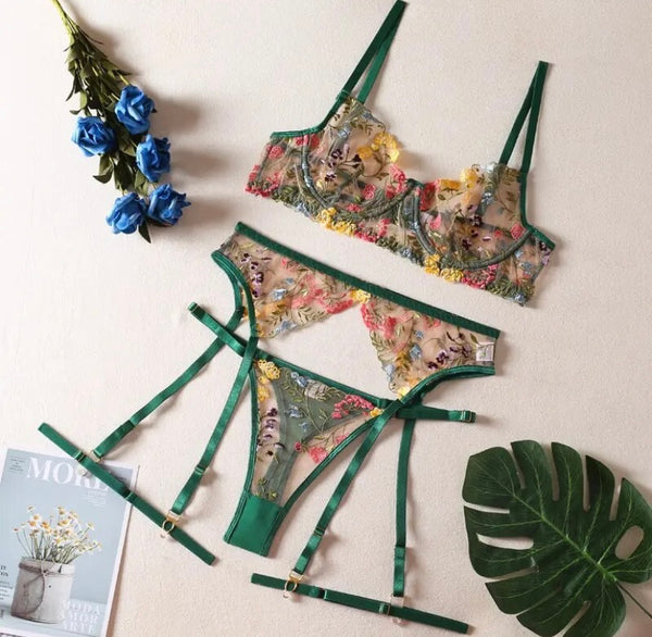 Women Sexy Colorful Floral Mesh Lingerie Set