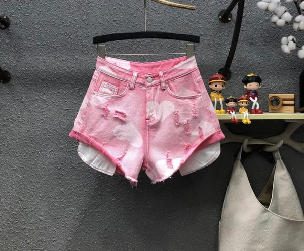 Women Fashion Ripped Heart Print Denim Shorts