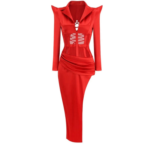 Women Sexy Red Open Back Full Sleeve Asymmetrical Dress
