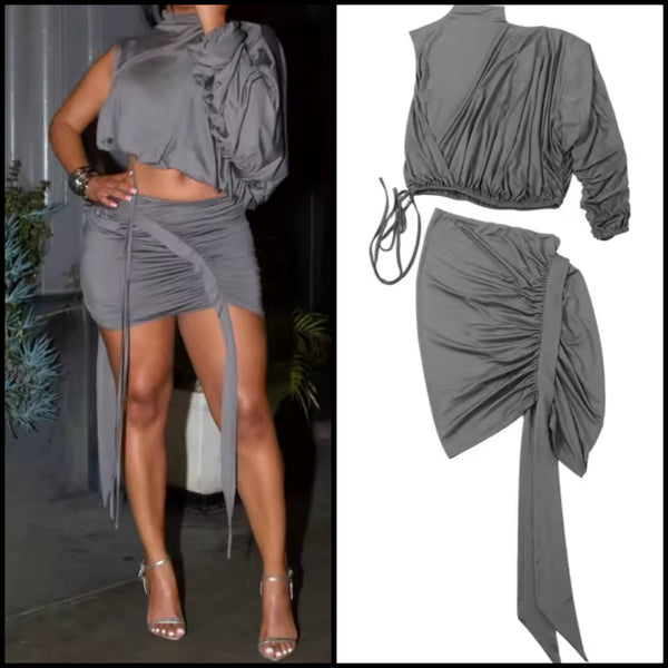 Women Sexy One Shoulder Full Sleeve Ruched Gray Two Piece Skirt Set