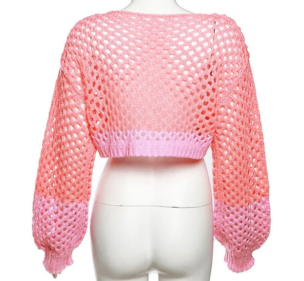 Women Knitted Color Patchwork Full Sleeve Fashion Crop Top