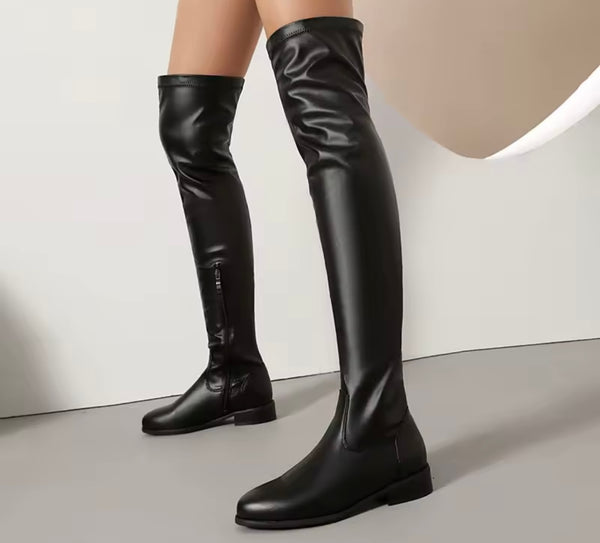 Women Color Over The Knee Flat Fashion Faux Leather Boots