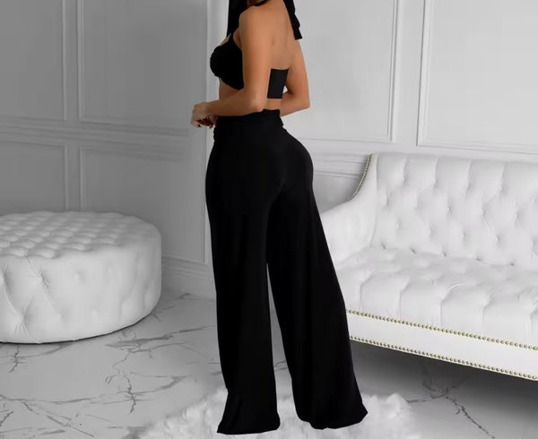 Women Sexy Halter Sleeveless Metal Cut Out Two Piece Pant Set