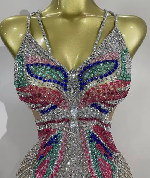 Women Sexy Sleeveless Colorful Rhinestone Mesh Dress