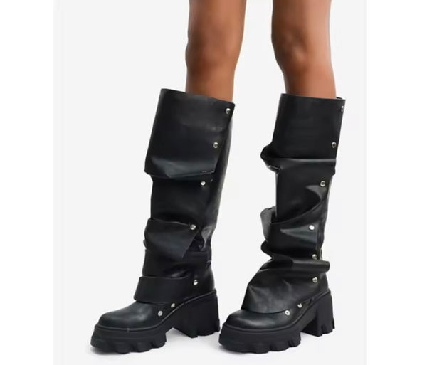 Women Fashion Faux Leather Button Platform Knee High Boots