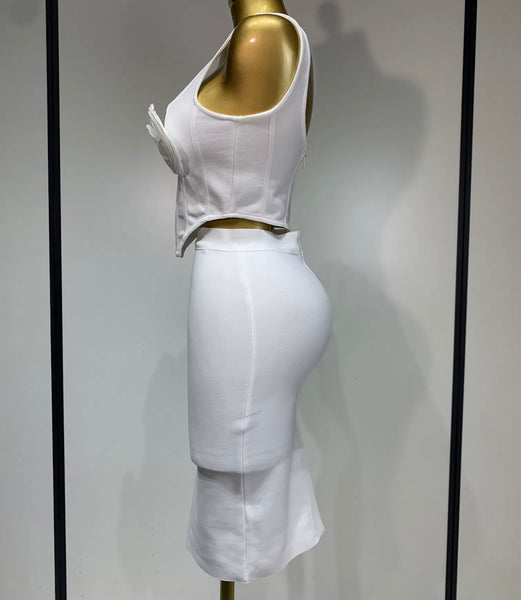 Women White Sleeveless 3D Floral Sexy Bandage Two Piece Skirt Set