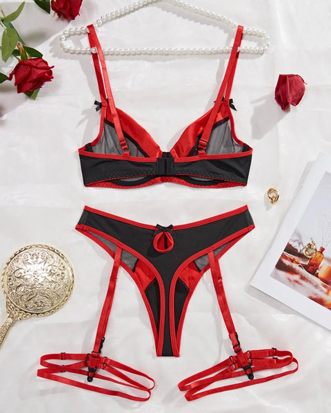 Women Sexy Red And Black Mesh Lingerie Set