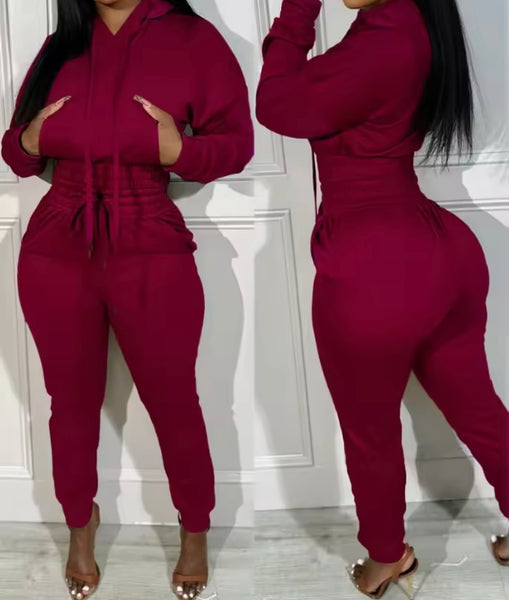 Women Fashion Pocket Hooded Tracksuit Two Piece Pant Set