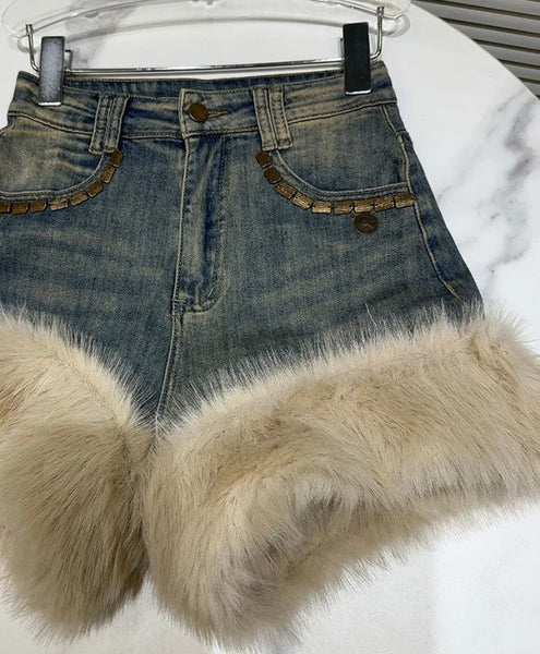 Women Denim Faux Fur Patchwork Fashion Shorts