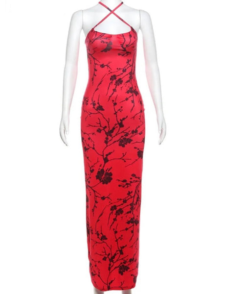 Women Sexy Sleeveless Red Printed Maxi Dress