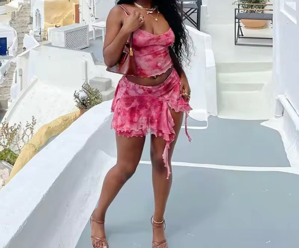 Women Sexy Sleeveless Pink Tie Dye Two Piece Skirt Set