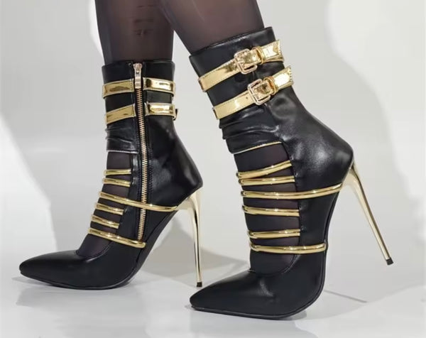 Women Black Faux Leather Gold Buckled High Heel Ankle Boots