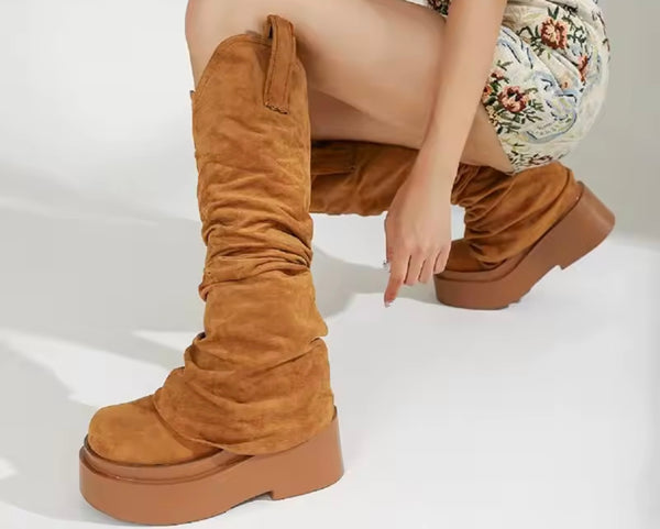 Women Fashion Color Platform Suede Ruched Knee High Boots