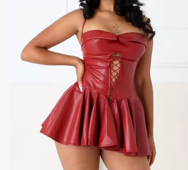 Women Sexy Halter Sleeveless Faux Leather Pleated Dress