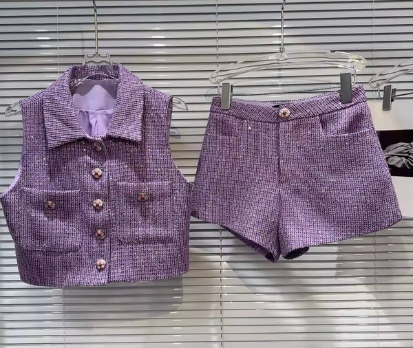 Women Button Up Sleeveless Tweed Two Piece Short Set