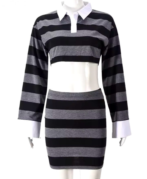 Women Sexy Collar Striped Full Sleeve Two Piece Skirt Set