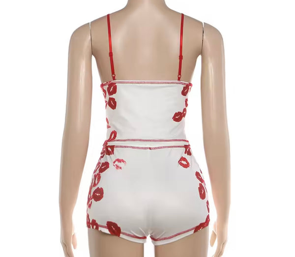 Women Sleeveless Sexy Lip Print Two Piece Short Set
