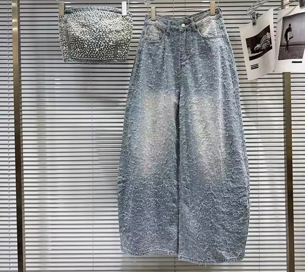 Women Pearl Strapless Tube Top Fashion Denim Two Piece Pant Set