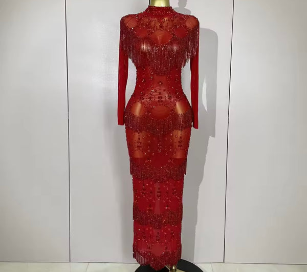 Women Sexy Red Beaded Crystal Tassel Mesh Maxi Dress