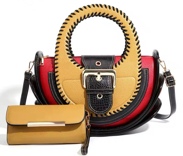 Women Fashion Color Patchwork Buckled Leather Wallet Purse Set