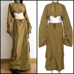 Women Fashion Zip Up Drawstring Two Piece Jacket Maxi Skirt Set