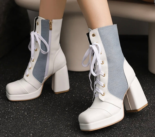 Women Fashion Platform Denim Patchwork Faux Leather Boots