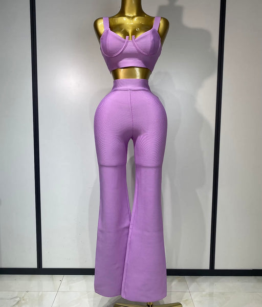 Women Color Sleeveless Sexy Crop Two Piece Pant Set