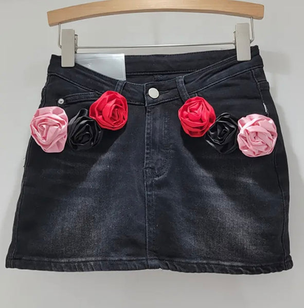 Women Color Floral Patchwork Fashion Denim Skirt