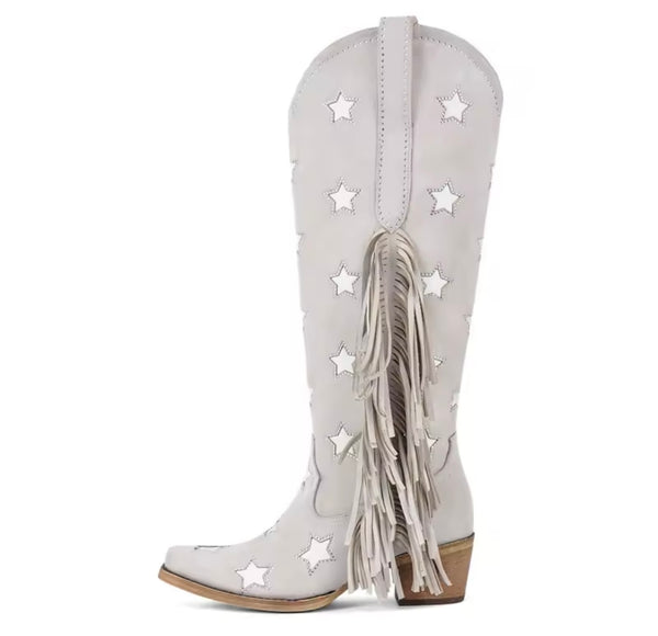 Women Fashion Star Fringe Tassel Knee High Western Boots